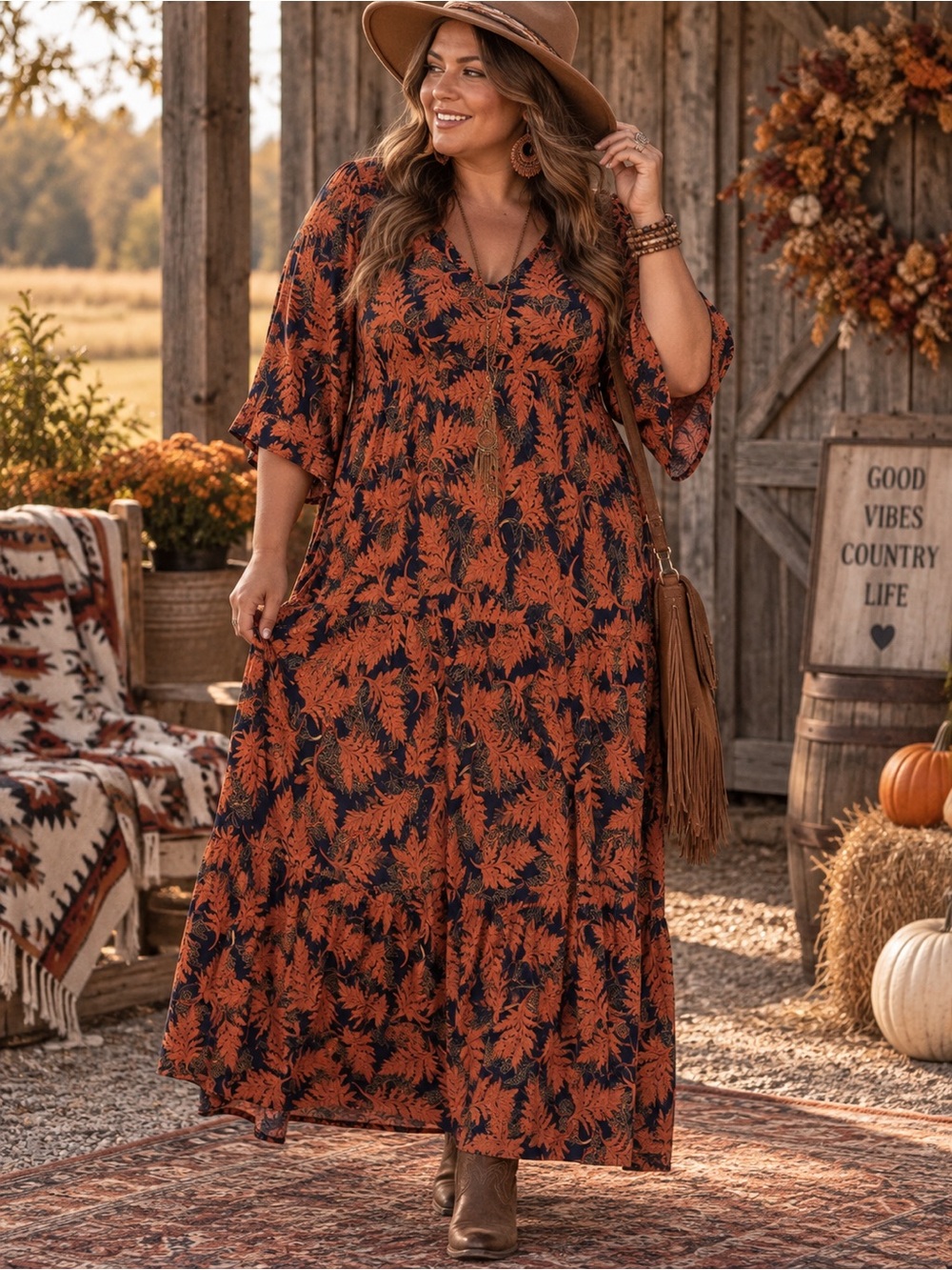 Natural Life Women’s L/XL Boho Tiered Maxi Dress in Navy Rust Leaf Print